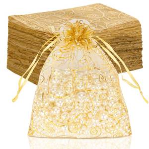 lot 20016 image: Staruby Organza Gift Bags 100Pcs Gold Sheer Organza Bag 5x7 Inch Mesh Favor Bags Drawstring Jewelry Rattan Printed Gift Pouches for Wedding Party Favors Couple Shower Christmas Gifts Candy Bags