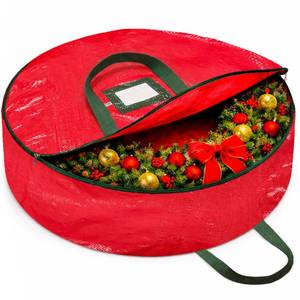 lot 20022 image: ZOBER Christmas Wreath Storage Container 36 Inch - Wreath Bag for Artificial Wreaths Box - Dual Zippered Wreaths Storage Bag with Strong Durable Handles - Red