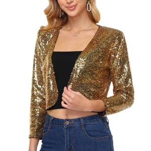 lot 20026 image: Womens Sequin Shrug Jacket Long Sleeve Open Front Glitter Blazer Bolero Wedding Party Sparkly Cropped Cardigan Dark Gold,M
