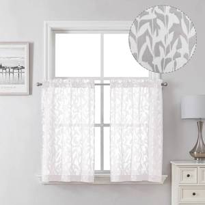 lot 20047 image: Lecloud Leia 36 Inch White Sheer Curtains Tiers 2 Pieces, Airy & Breathable Jacquard Texture KitchenBedroomLivng Room Curtain Small Window, Farmhouse Leaves Voile Drapes Dual Rod Pocket, 38W x 36L