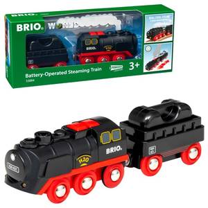 lot 20052 image: BRIO World Battery-Operated Steaming Train - 3-Piece Motorized Train Engine for Wooden Track with Lights and Kid-Friendly Steam - Interactive Play with ForwardReverse - for Kids 3 & Up