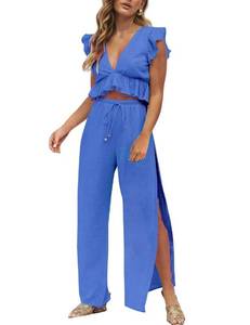 lot 20055 image: FANCYINN Womens Two Pieces Outfits Deep V Neck Crop Top Side Slit Drawstring Wide Leg Pants Set Jumpsuits Royal Blue L