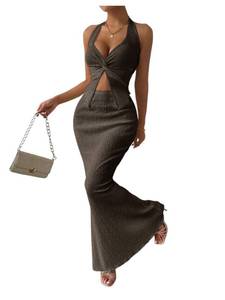 lot 20059 image: SOLY HUX Womens Two Piece Outfits Twist Front Halter Cami Tops and Skirt Summer Set Solid Coffee Brown Large