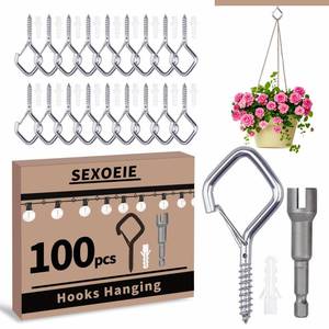 lot 20061 image: Sexoeie 100 PCS Silver Eye Screw Hooks for Hanging Heavy Duty with Safety Buckle.Metal Ceiling Hooks for Hanging Plants Cup Wind Chime Bird Feeders Patio Lights at Indoor&Outdoor