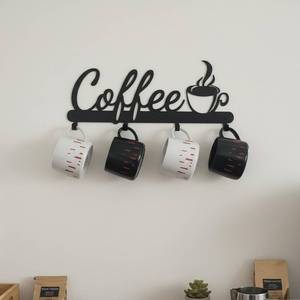 lot 20064 image: Aimto Black Metal Wall Mounted Coffee Mug Holder,with 4 Hooks and Metal Sign Modern Coffee Sign for Kitchen, Bar Station Accessories Decor