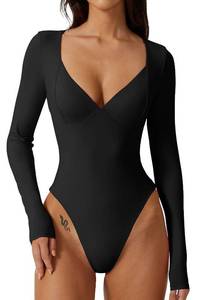 lot 20140 image: QINSEN Black Bodysuit for Women Thong Sexy Sweetheart Neckline Long Sleeve Shirt Tops XS