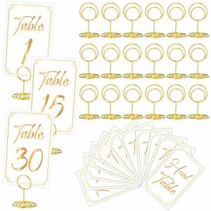 lot 20496 image: Thenshop 31 Sets Table Number Cards with Holders, 1-30 Numbers Head Table Card 2 Place Holder Stand for Wedding Anniversary Birthday Restaurant(Round,White, Gold)