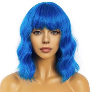 lot 20497 image: LANCAINI Short Bob Wavy Wig with Bangs for Women Loose Curly Shoulder Length Synthetic Cosplay Wig Bob for Girl Colorful Costume Wigs (Blue)
