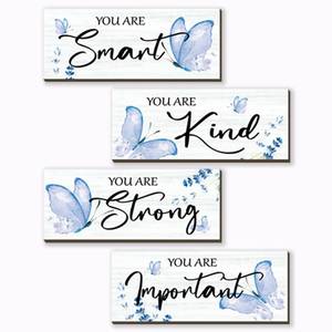 lot 20499 image: DONFENTHY 4 Pcs Butterfly Wall Decor Blue Room Decor Wooden Positive Decor with Butterfly Inspirational Word Sign for Teen Girls Women Room Bathroom Bedroom Office Decor(Blue,10x4 Inch)