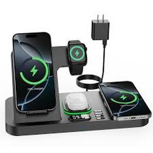 lot 4503 image: Dual Phone Wireless Charging Station for Apple Devices, Magnetic Charging Station for iPhone with Auto Switch 7-Color Light&Clock, Family Watch Charger for iPhone17 for iWatch11 for AirPods Pro3(Black