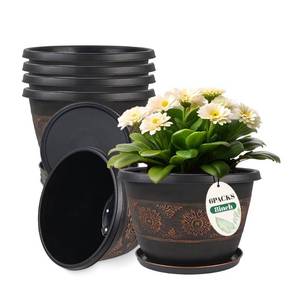 lot 2009 image: Usocik 6 Pack 8 inch Plant Pots, Retro Pattern Planters with Drainage Holes and Saucer, Sturdy Plastic Garden Flower Pots for Indoor & Outdoor Plants
