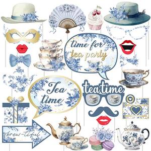 lot 2459 image: Fangleland 24pcs Tea Party Photo Booth Props Decorations, Tea Time Lets Partea Garden Birthday Baby Bridal Shower Wedding Engagement Blue and White Porcelain Party Supplies