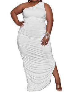 lot 2469 image: Womens Plus Size Long Sleeve Maxi Dresss One Off Shoulder Dress Sleeveless Bodycon Ruched Evening Pencil Party Dresss White 3X