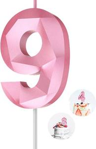 lot 2487 image: Number Birthday Candles(9 Candle Pink) 3D Diamond Shape 9th Happy Birthday Cake Topper Decorations for Girl Women Birthday Wedding Anniversary Celebration Theme Party Supplies
