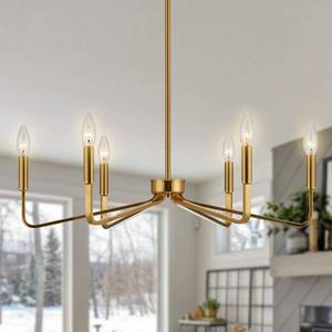 lot 3664 image: ACANER Brushed Gold Chandeliers for Dining Room, 6-Light Modern Farmhouse Chandelier, Brass Candle Style Hanging Light Fixture for Living Room Bedroom Kitchen Island