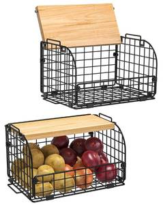 lot 3684 image: 2 Set Stackable Wire Basket with Openable Top, Kitchen Counter, Pantry Organizer and Storage Produce Onion Potato Fruits Vegs Bread Food Snack Spice Organizing Bin for Cabinet Shelf Countertop Floor