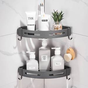 lot 4331 image: Hoomtaook 2-Tier Corner Shower Shelf No Drilling Bathroom Shelves Shower Caddies Adhesive Bath Corner Shelf Wall Mounted Bathroom Shower Caddy Organizer - Dark Grey