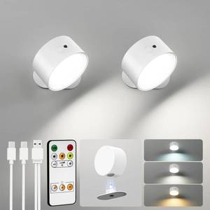 lot 4334 image: AMETHEUS LED Wall Mounted Lights, Rechargeable Wall Sconces Lamp, 3 Color Temps & Remote and Touch, 360°Rotation Dimmable Cordless Wall Light for Study Bedroom Reading Bedside(White, 2 Pack)