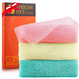 lot 4336 image: UJFQBH 3 Pieces African Net Sponge, African exfoliating net African Net Long Net Bath Sponge Exfoliating Shower Body Scrubber Back Scrubber Skin Smoother��Pink, Green, Off-White��
