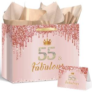 lot 4343 image: Yoirrat Rose Gold 55th Birthday Gift Bag for Women - Large Pink Happy Birthday Gift Bag with Wrapping Paper and Card for Decorations Party Supplies