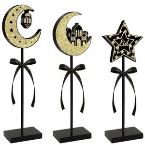 lot 4390 image: PETKNOWS 3 Pcs Ramadan Decorations Eid Mubarak Wooden Sign, Ramadan Tiered Tray Decor Moon Star Glitter Islamic Wood Table Centerpieces Eid Mubarak Table Decor for Muslim Party Home Office