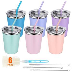 lot 5775 image: Rommeka Kids Cups with Straws and Lids, 12oz Sippy Cups with 6 Color Silicone Sleeves Spill Proof Stainless Steel Cups for Kids, Toddlers and Adults