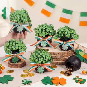 lot 5781 image: Yungyan 6 Pcs St. Patricks Day Decorations Table Centerpiece Artificial Carnation Four Leaf Clover Branches with Vase Set Green Floral Arrangements for Home Farmhouse Party