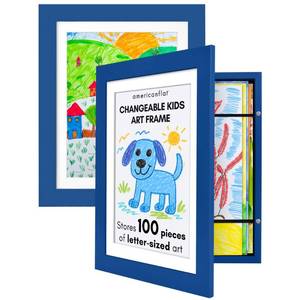 lot 5787 image: Americanflat - 2 Pack - Kids Artwork Frame Changeable (Blue) - Magnetic Door Holds 100 Art Pieces - 8.5x11 Letter Size Display with Mat or 10x12.5 Without Mat - My Mini Masterpiece