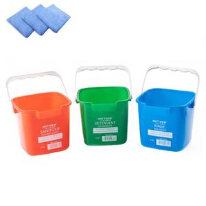 lot 5794 image: Matthew Red&Green&Blue Detergent and Sanitizing Cleaning Bucket 3 Quart Cleaning Pail,Set of 3 Square Containers,Built-In Spout wHandle,Wash Rinse Sanitize Handwash Bucket,Incl.3Pcs Microfiber Cloths