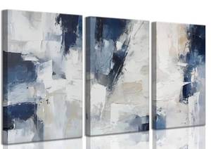 lot 5803 image: 3pcs Navy Blue Abstract Canvas Wall Art Modern Minimalist Neutral Blue White Painting Picture Wall Decor Posters Prints Artworks for Living Room Bedroom Office Home Decoration