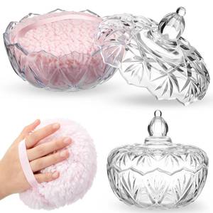 lot 5815 image: Tioncy 2 Pcs Extra Large Dusting Powder Puff and Container for Women-6 Glass Crystal Dusting Powder Container with Body Soft Washable Reusable Velour Face(Clear,Pumpkin)