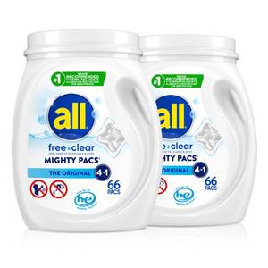 lot 6417 image: all Unit Dose Laundry Detergent, Mighty Pacs, Free Clear, 132 Count