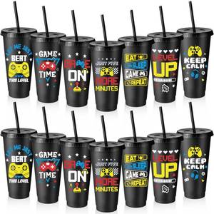 lot 6425 image: Potchen 8 Pcs Video Game Plastic Cups Gaming Party Favor with Lids and Straws 24 oz Gamer Reusable Tumbler Water Mug for Fun Video Birthday Party Supplies for Adults (Colorful)