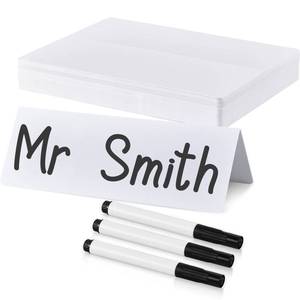 lot 6431 image: 50 Pieces Dry Erase Name Tent Table Cards 5.8 x 7.9 Inches Non Adhesive Reusable Desk Name Cards Tags Plates with 3 Pieces Black Markers for Weddings, White