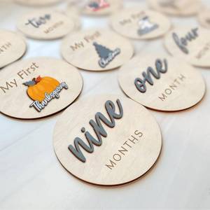 lot 6432 image: Monthly Baby Milestone and First Holiday Signs, Wooden Baby Months Disc Set 1-12, Hello World Newborn Announcement Props (Blue)