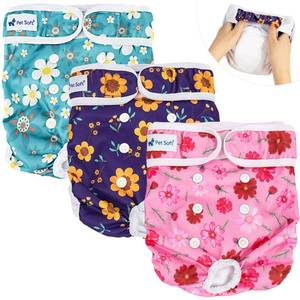 lot 6459 image: Pet Soft Washable Female Diapers (3 Pack) Female Dog Diapers, Comfort Reusable Doggy Diaper for Girl Dog in Period Heat (Cute Flower, M)