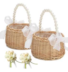 lot 6464 image: A2PCS Wicker Rattan Flower Girl Basket with 2PCS Wedding Wrist Corsage, Handwoven Wicker Basket with Pearl Handle Bow Fairy Flower Basket Rattan Basket for Weddings Bridal Anniversary Party Decor (1)