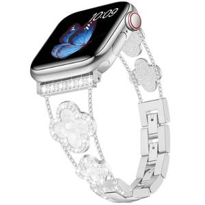 lot 6469 image: Tasikar Bling Diamond Women Band Compatible with Apple Watch Band 49mm 46mm 45mm 44mm 42mm 41mm 40mm 38mm Ultra SE Series 11 10 9 8 7 6 5 4 3 2 1 Lucky Clover Dressy Replacement Bracelet (Silver)