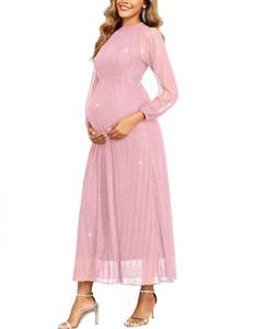 lot 6473 image: AISWI Maternity Sparkly Dress Halter Neck A Line Long-Sleeve Raglan Pregnancy Dresses Semi Formal Baby Shower Photoshoot, Pink, Medium