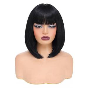 lot 6495 image: Sarensall Black Bob Wig With Bangs Short Straight Black Wigs for Women Natural Looking Synthetic Wigs for Daily Cosplay Costume Wig (Black,12 Inch)