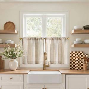 lot 10184 image: jinchan Striped Linen Kitchen Curtains 20 Inches Length Tier Curtains Farmhouse Modern Cafe Style Small Window Treatments Airy Light Filtering Rod Pocket for Living Room Bathroom 2 Panels Tan