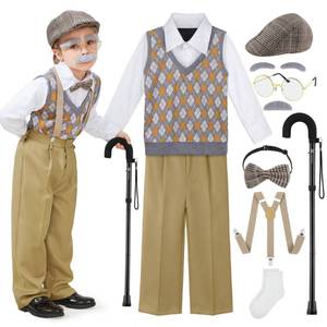 lot 10189 image: FancyFun 9 Pcs 100 Days of School Costume for Boys Old Man Costume for Kids Grandpa Dress Up Outfits Set 5-7Years