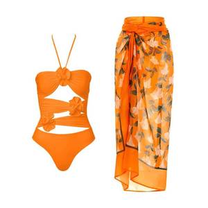 lot 10195 image: IDOPIP Womens One Piece Swimsuit with Cover up Beach Skirt Retro Floral Printed Swimsuit Bathing Suit Halter Ruffle Cutout Monokini Swimwear Sarong Two Piece Bikini Set Beachwear Orange - Halter S