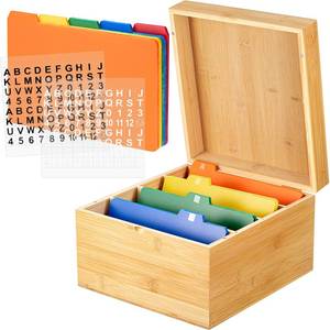lot 11630 image: Henoyso 5 x 8 Inch Index Card Holder Set, Bamboo Organizer Box with 50 Dividers & 2 Sheets Alphabet Number Stickers File Note Holders, Holds 1200 Cards for Office Business Home Kitchen, Wooden Color