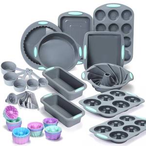 lot 11655 image: Tongjude 51 Piece Silicone Bakeware Set, Non-Stick Kitchen Oven Baking Pans, Silicone Cake Molds with Muffin Pan, Cookies Baking Sheet, Cake Pan, Donut Pan and Loaf Pan
