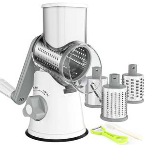 lot 11656 image: Ourokhome Rotary Cheese Grater Hand Crank, Kitchen Shredder Speed Mandolin Slicer Nuts Grinder with Handle and Drum Blades for Cheese, Vegetable, Walnuts, Chocolate, Potato, Carrot, 3 Blades, White