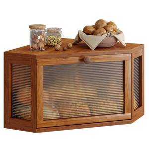 lot 11658 image: WOWLIVE Corner Bread Box for Kitchen Countertop, Bamboo Bread Storage Container, Large Farmhouse Bread Holder with Acrylic Wavy Door Panel, Multi-functional Container, Caramel (Used)