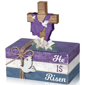 lot 12282 image: Ferraycle 4 Pcs Easter Decorations He is Risen Wooden Table Sign Religious Wood  Centerpiece Easter Cross Blocks Farmhouse Tiered Tray Decor for Fireplace Home Kitchen Table Shelf Decor (Small Damage)