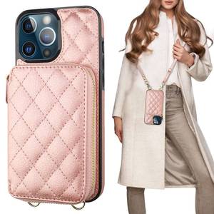 lot 12299 image: Bocasal Crossbody Wallet Case for iPhone 13 Pro Max, RFID Blocking PU Leather Zipper Handbag Purse Flip Cover, Kickstand Folio Case with Card Slots Holder Wrist Strap Lanyard 5G 6.7 Inch (Rose Gold)