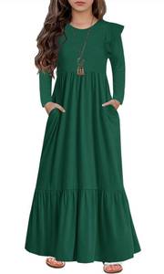 lot 12303 image: HOSIKA Girls Casual Maxi Dress Long Sleeve Loose Holiday Christmas Dress with Pockets for 6-13 Years Dark Green